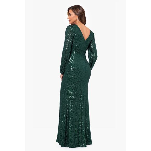 Xscape Evenings Women's 6 Hunter Farley Sequined Long Sleeve Maxi Dress L13-15 - Picture 2 of 8